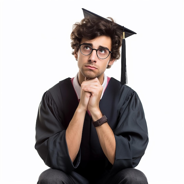 a man in a black robe is sitting with his hands on his chin