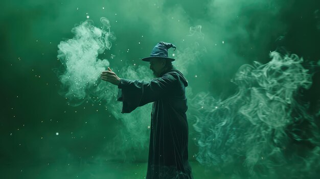 Photo a man in a black robe with a green background with a green background with a man in a hat and a black cloak