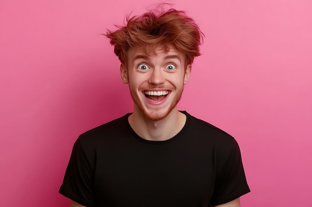 Photo man in black shirt feels positive about something and enjoys it