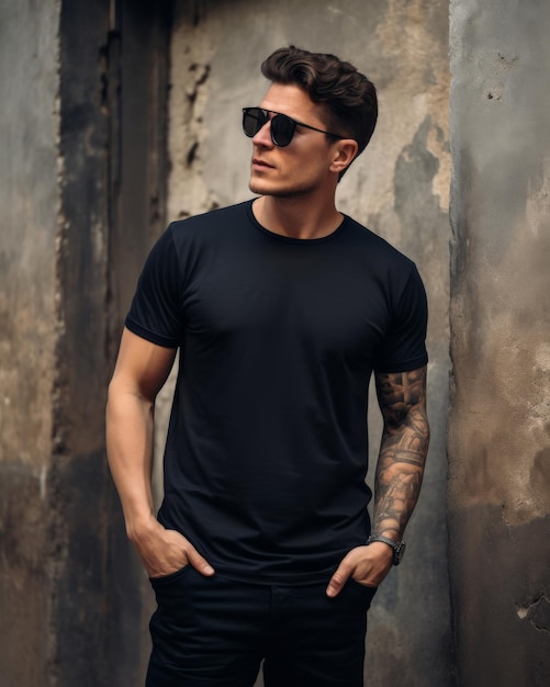 A man in black shirt jeans and sunglasses gazes into distance by wall