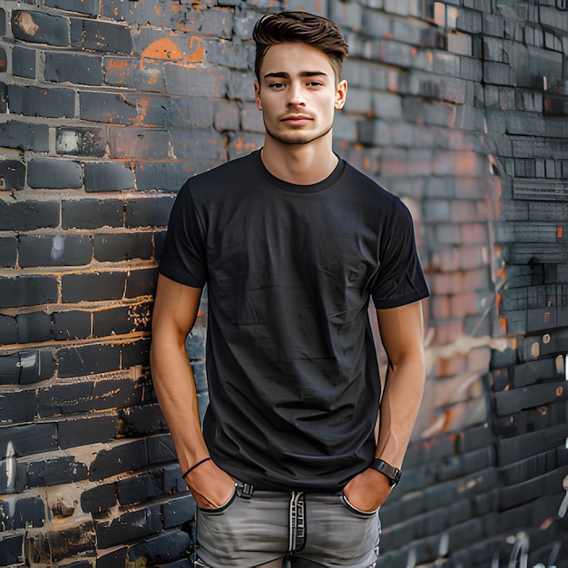 a man in a black shirt stands against a brick wall