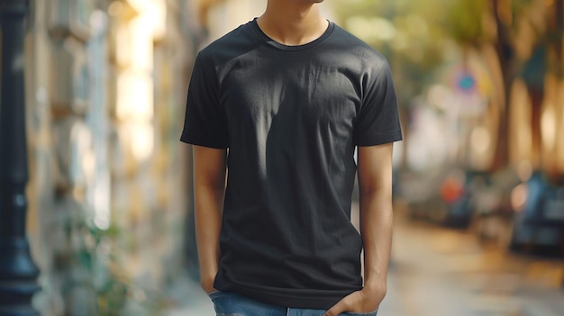 a man in a black shirt stands in front of a blurred background