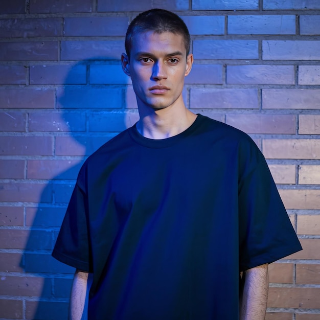 a man in a black shirt stands in front of a brick wall