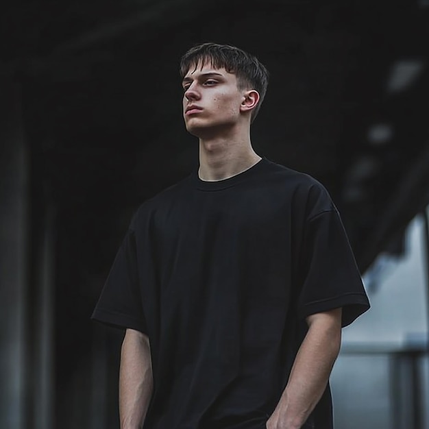 a man in a black shirt stands in front of a building