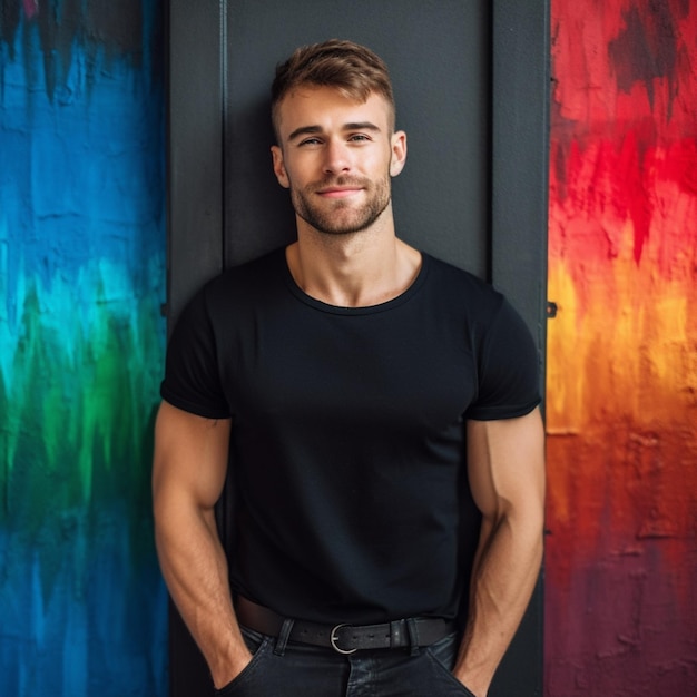 A man in a black shirt stands in front of a colorful wall.