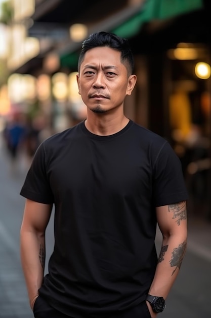 A man in a black shirt stands in the street with his hands in his pockets.