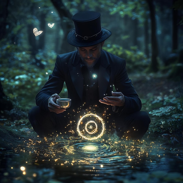 Photo a man in a black suit and a hat with a magic wand and a cup of coffee in a dark forest