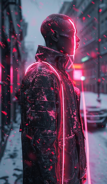 a man in a black suit stands in the snow in a forest with glowing lights