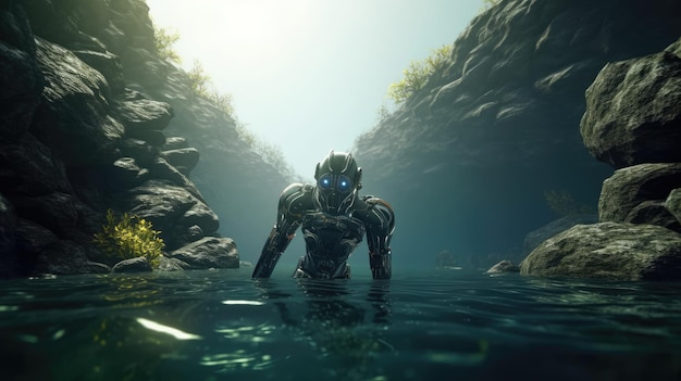 A man in a black suit stands in the water in front of a rocky cliff.