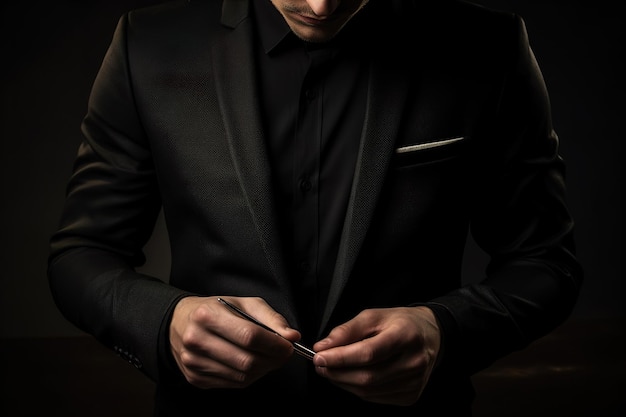 Man in a black suit with a pen in his hand on a dark background