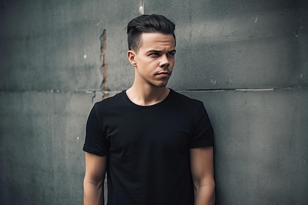 A man in a black t - shirt stands against a grey wall.