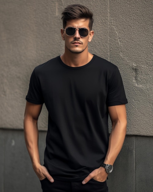 Man in black tshirt against concrete wall exudes effortless style