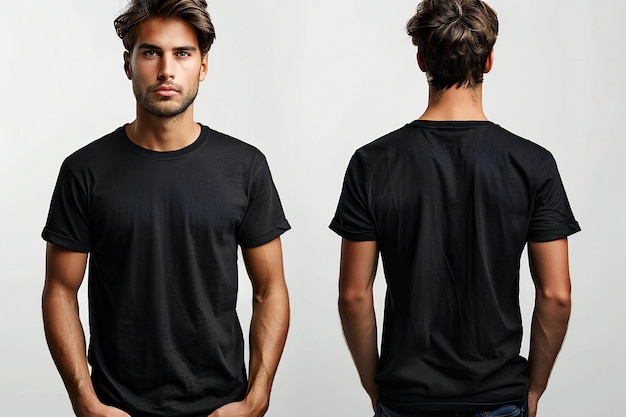 Man in black tshirt front and back isolated on white background real photo