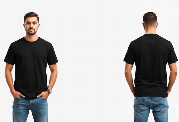 Photo man in black tshirt mockup front and back view of man wearing plain black tshirt on grey backgrou