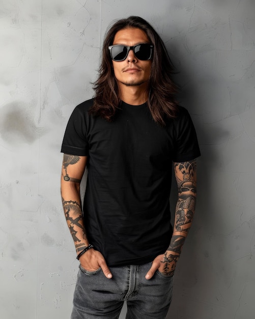 A man in a black tshirt and sunglasses stands against a grey wall