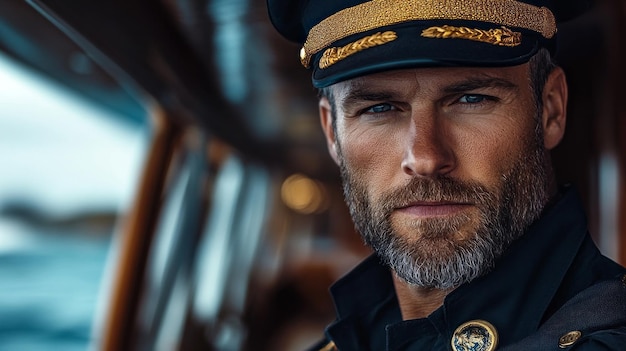 Photo a man in a black uniform with a gold hat and a badge on his chest