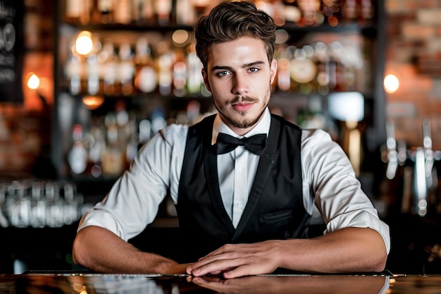 a man in a black vest sits at a bar with a drink in front of him