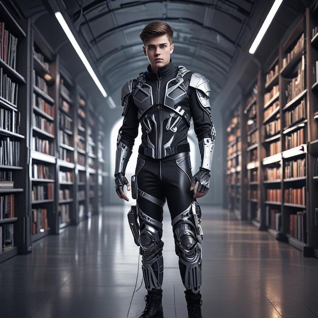 Photo a man in a black and white suit stands in a library with many books