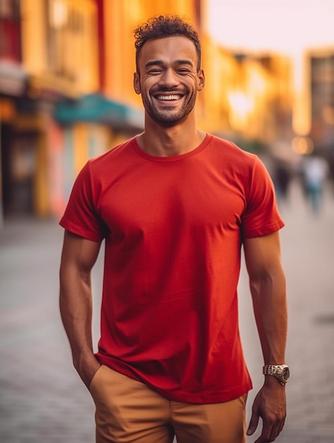 Man in blank red tshirt mockup