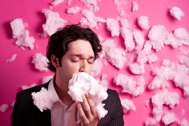 Man blowing a cotton ball in front of a pink background