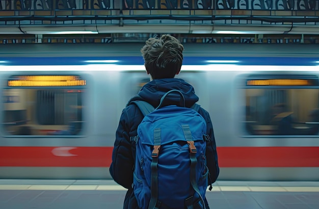 a man in a blue backpack stands in front of a subway train