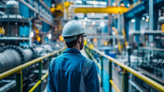 a man in a blue hard hat stands on a conveyor belt