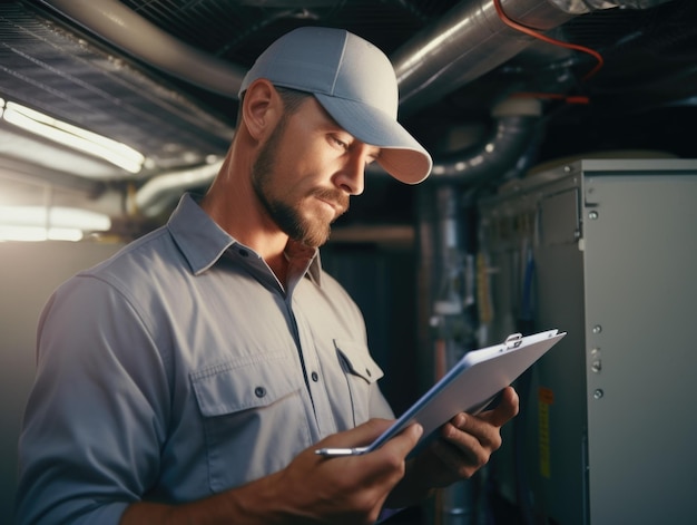 Photo a man in a blue hat and gray shirt is looking at a clipboard