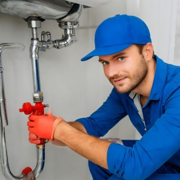 Photo a man in a blue hat is fixing a pipe with a red cap