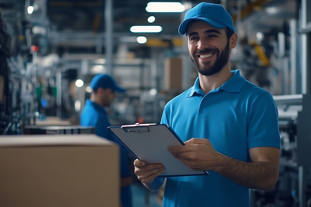 a man in a blue hat is holding a tablet in a factory