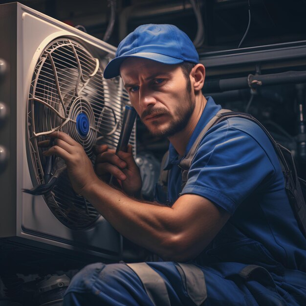 Photo a man in a blue hat is working on a white heater