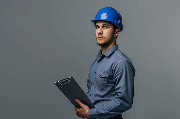 a man in a blue helmet is holding a document site supervisor engineer