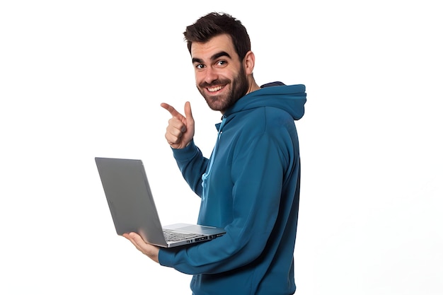 a man in a blue hoodie is pointing at a laptop