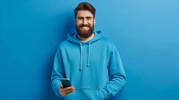 Photo a man in a blue hoodie is smiling and holding a phone