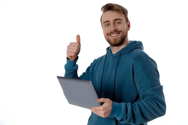 a man in a blue hoodie with a laptop on his lap and the word thumbs up