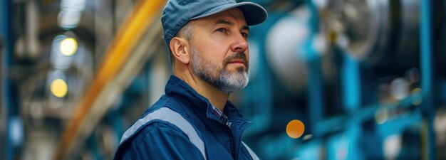 Man in Blue Jacket and Hat in Factory