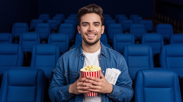 Photo a man in a blue jacket holds a basket of popcorn