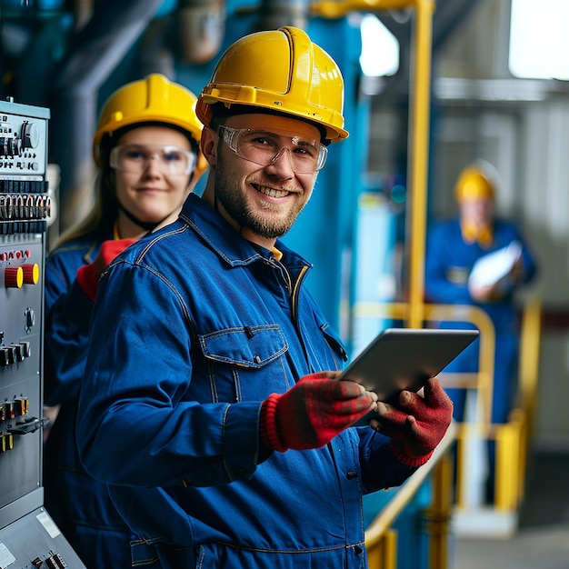 a man in a blue jacket is holding a tablet with a woman in the back