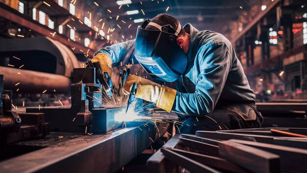 a man in a blue jacket is working on a metal piece with a blue shirt on it