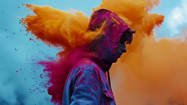 Man in a blue jacket and pink hoodie stands in colorful smoke against a blue sky