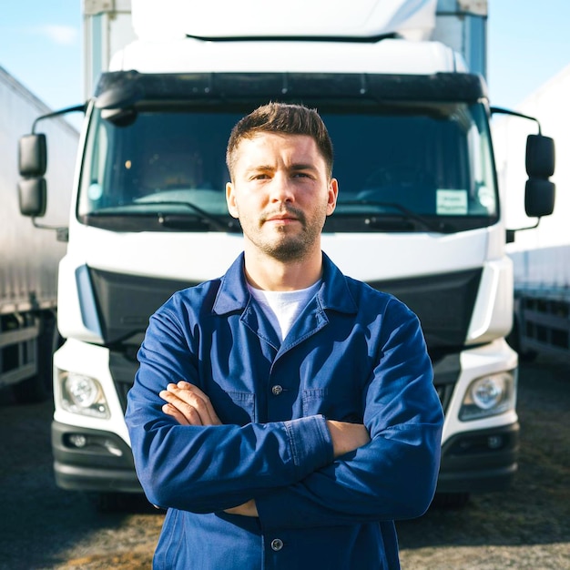 a man in a blue jacket stands in front of a large white truck