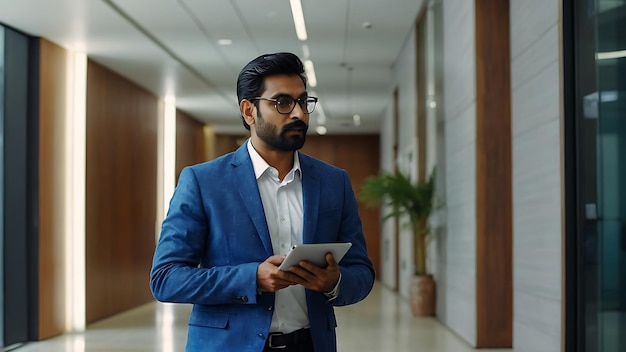 Photo a man in a blue jacket with a tablet in his hand