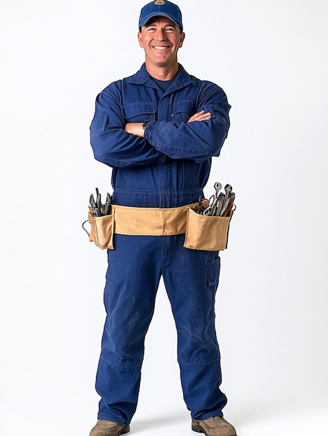 Photo a man in blue jumpsuit stands with his arms crossed