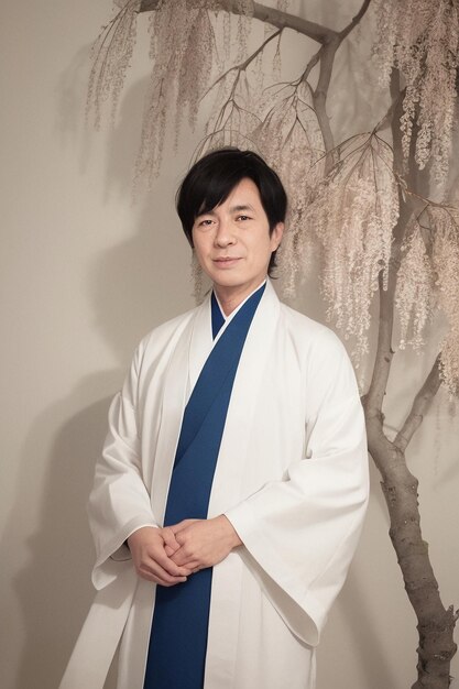 A man in a blue kimono stands in front of a tree with a floral background.