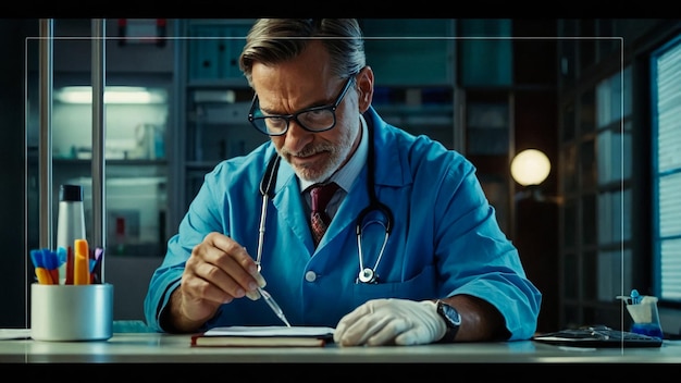 Photo a man in a blue lab coat is writing on a notebook