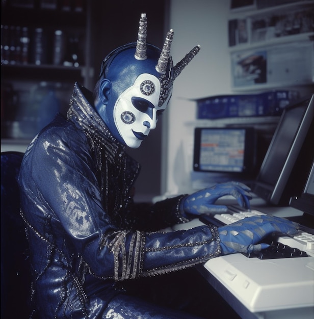 A man in a blue mask is typing on a computer.