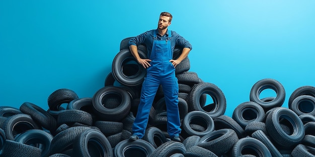 A Man in Blue Overalls Surrounded by Thousands of Tires