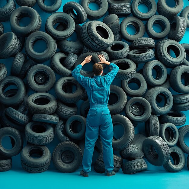 A Man in Blue Overalls Surrounded by Thousands of Tires