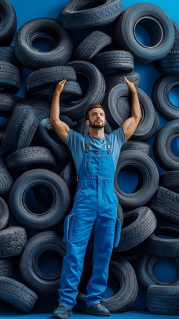 A Man in Blue Overalls Surrounded by Thousands of Tires