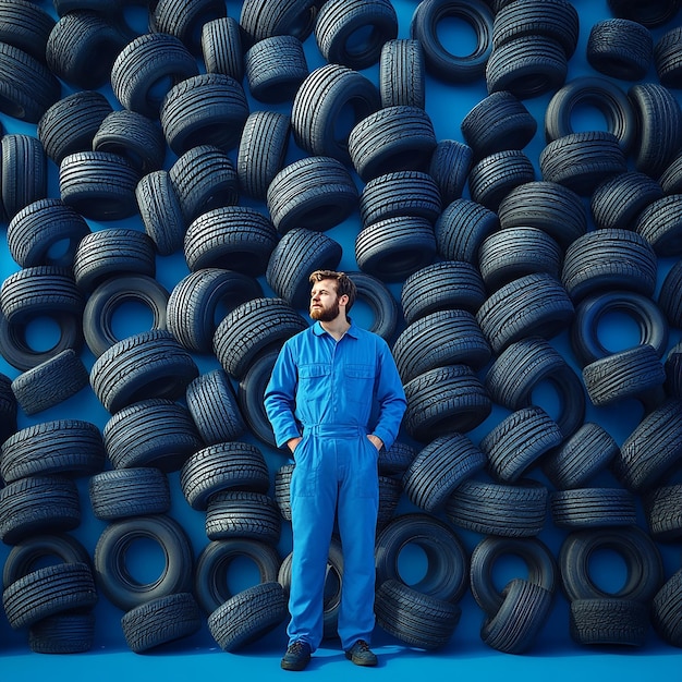 Photo a man in blue overalls surrounded by thousands of tires