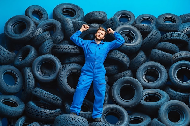 Photo a man in blue overalls surrounded by thousands of tires